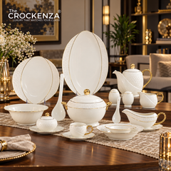 75-Piece Luxury Imperial Thailand inspired Porcelain Dinner Set – Ivory White Tableware with Gold Filigree Accent Handles