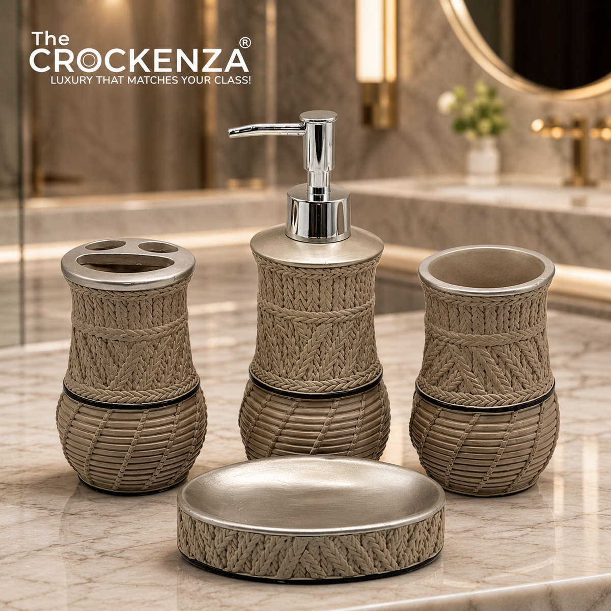 The Crockenza Riviera 4-Piece Woven Texture Bathroom Set – Luxury Coastal Champagne-Silver Vanity Accessories