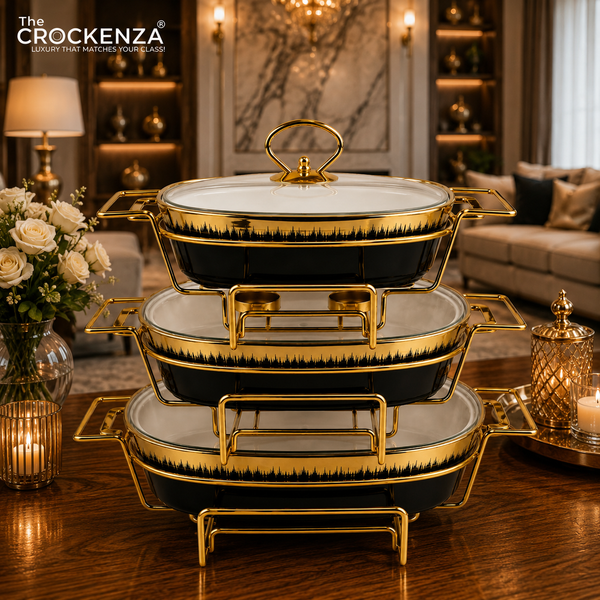 Regal Gold-Trimmed Oval Chafing Dish – Premium Black Ceramic Round Buffet Warmer Set