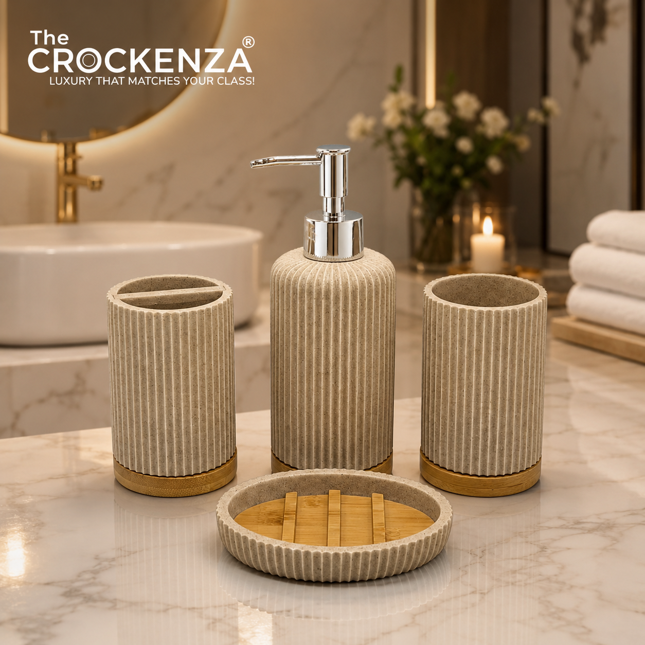 The Crockenza Fluted 4-Piece Fiber Bathroom Accessory Set – Ribbed Stone & Wood Vanity Set