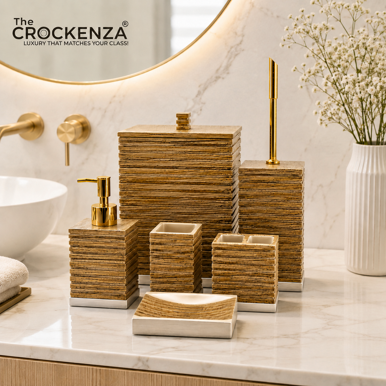 Crockenza Imperial 6-Piece Bath Set – Modern Ribbed Oak with Polished Gold Accents