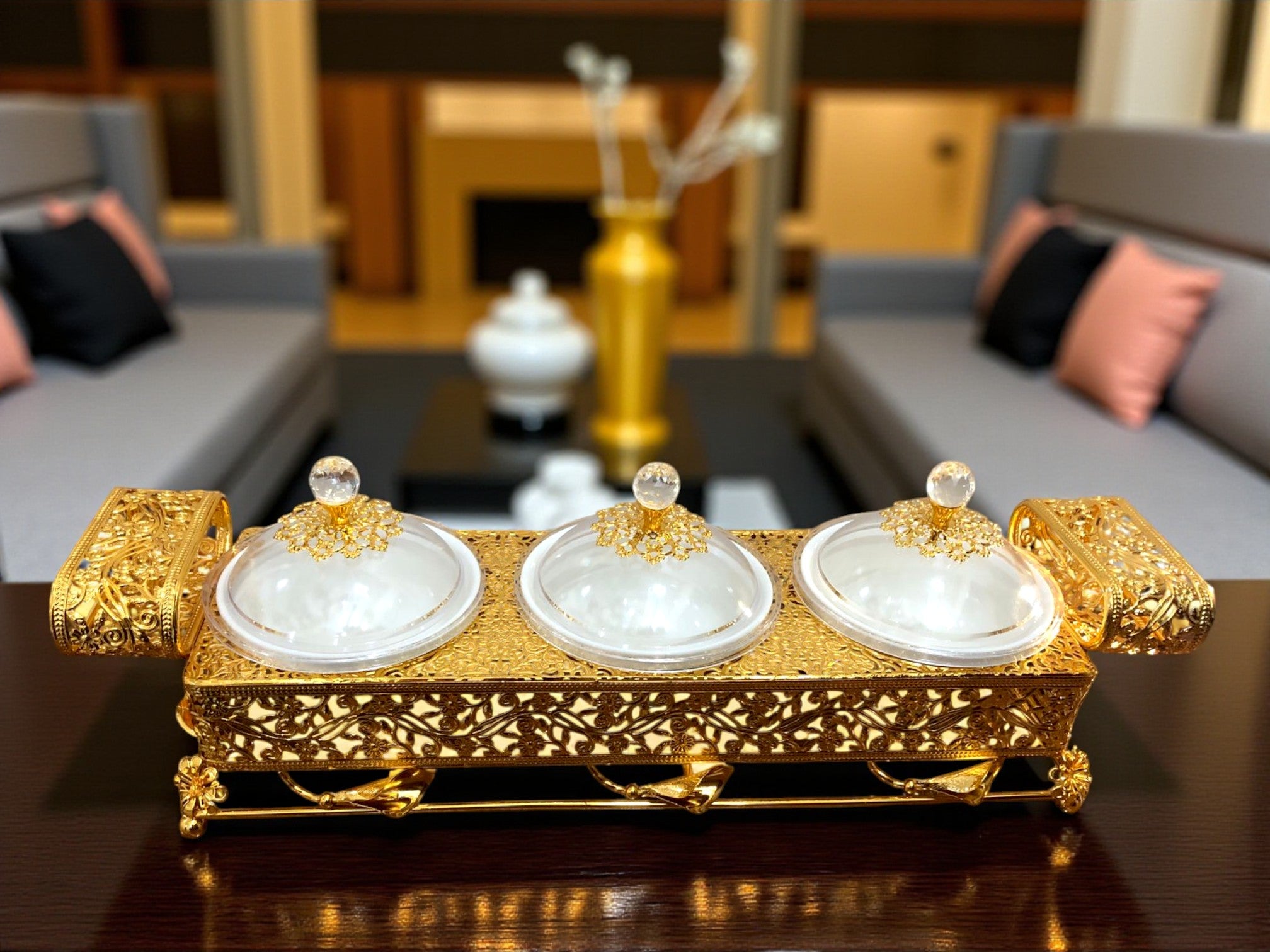 Luxury Golden 3 Compartment Dry Fruit & Candy Set