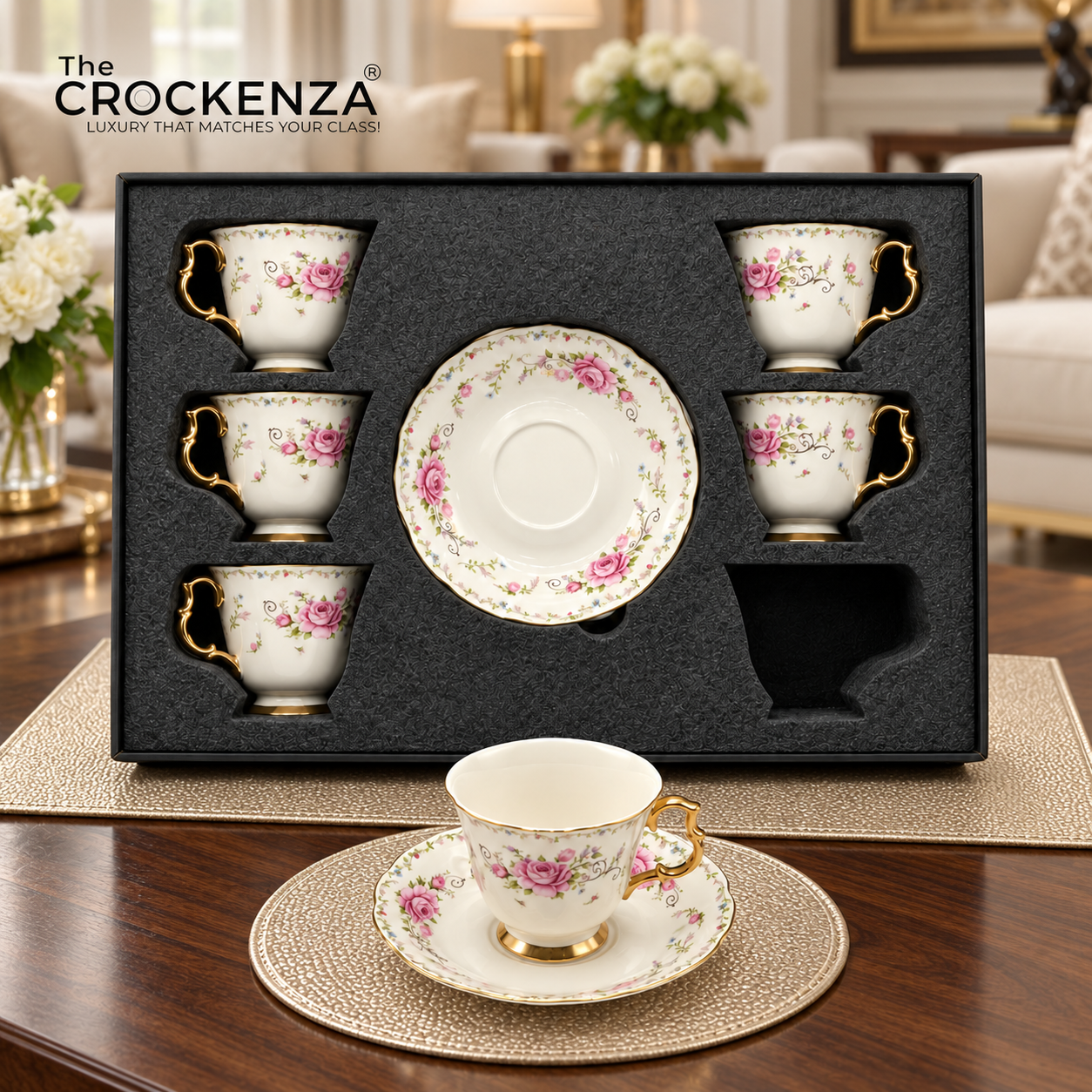 Luxury 12 Pcs Floral Cup & Saucer Set with Gold Handles – Premium Porcelain Tea Cups