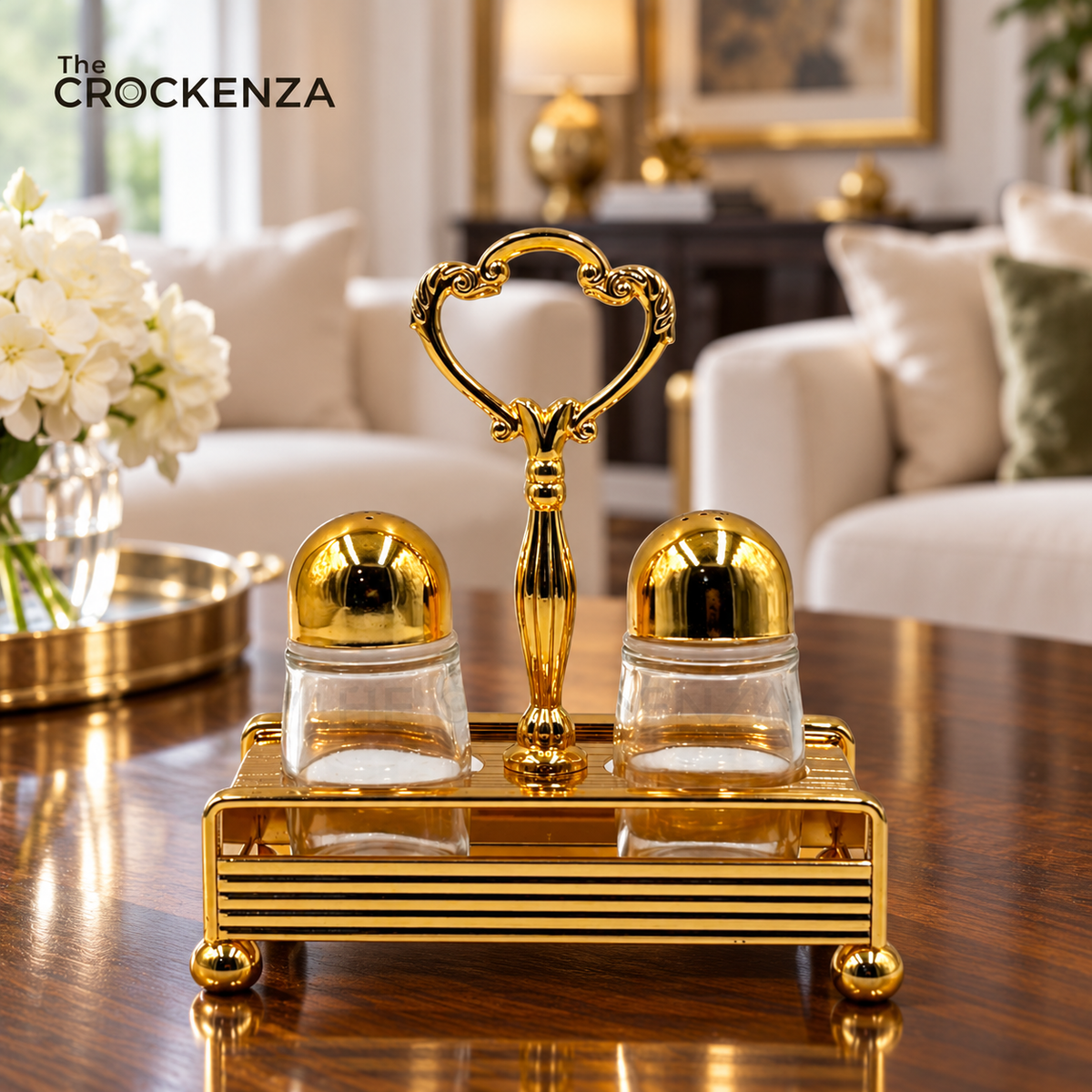 Chic Gold-Tone Diner-Style Salt & Pepper Caddy Set with Clear Glass Shakers