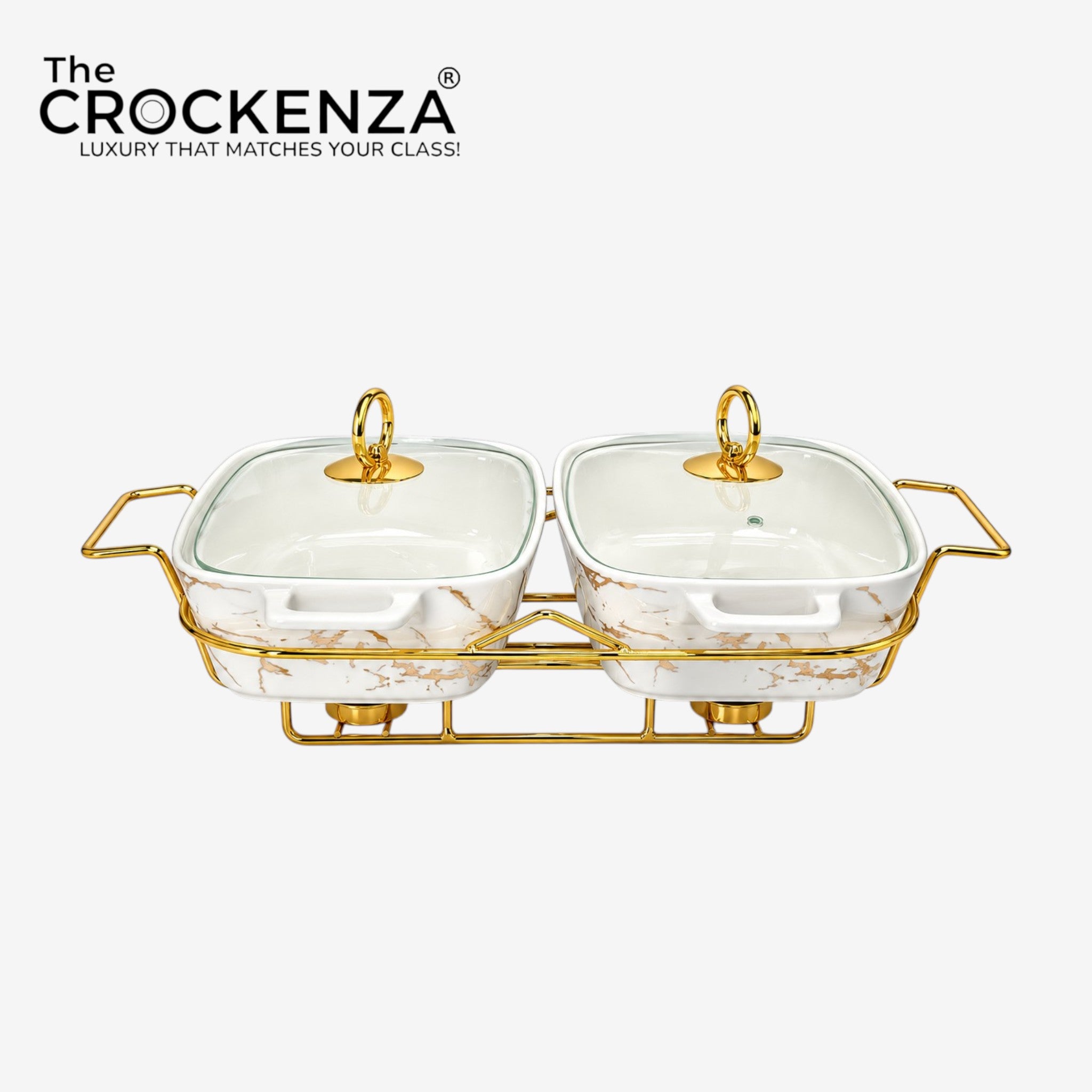 Elegant Twin Rectangular Chafing Dishes (11.5" each) with handles & Metal Stand – White Marble Buffet Set