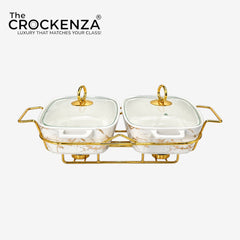 Elegant Twin Rectangular Chafing Dishes (11.5" each) with handles & Metal Stand – White Marble Buffet Set