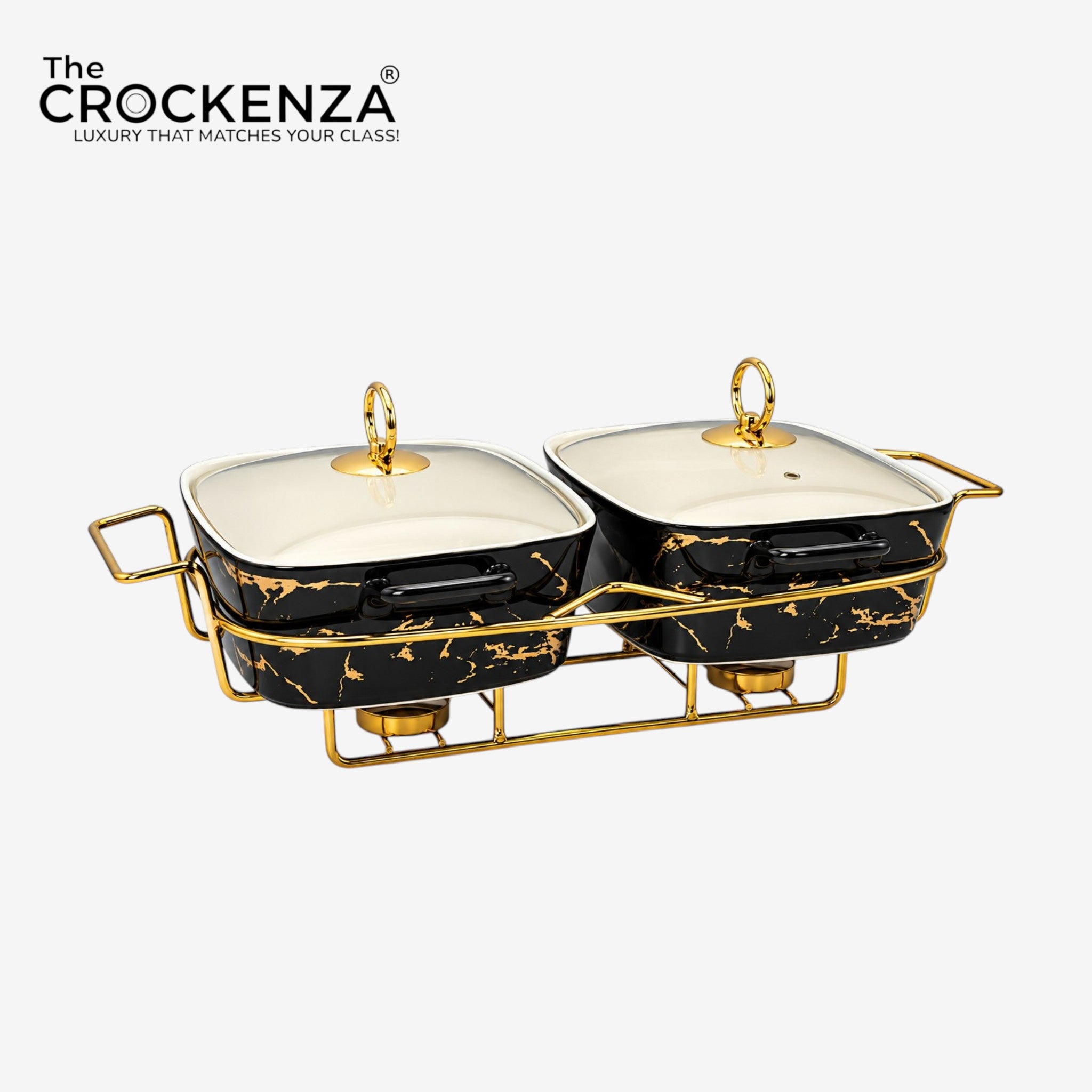 Elegant Twin Rectangular Chafing Dishes (11.5" each) with handles & Metal Stand – Black Marble Buffet Set