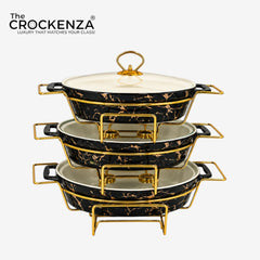 Elegant Imported Oval Porcelain Serveware – Black Marble with Handles & Matching Lid (Three Sizes)