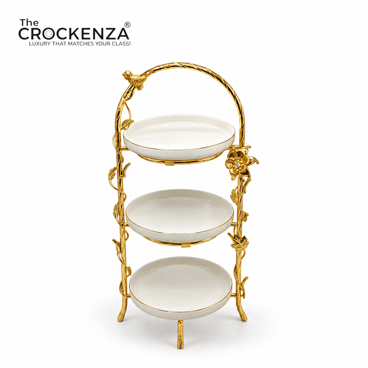 Luxury 3-Tier Pastry Stand with Golden Bird & Floral Accent – Elegant Dessert Serving Stand