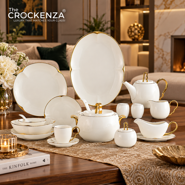 75-Piece Luxury Imperial Thailand inspired Porcelain Dinner Set – Ivory White Tableware with Gold Filigree Accent Handles