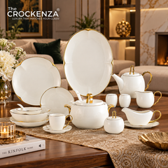 75-Piece Luxury Imperial Thailand inspired Porcelain Dinner Set – Ivory White Tableware with Gold Filigree Accent Handles