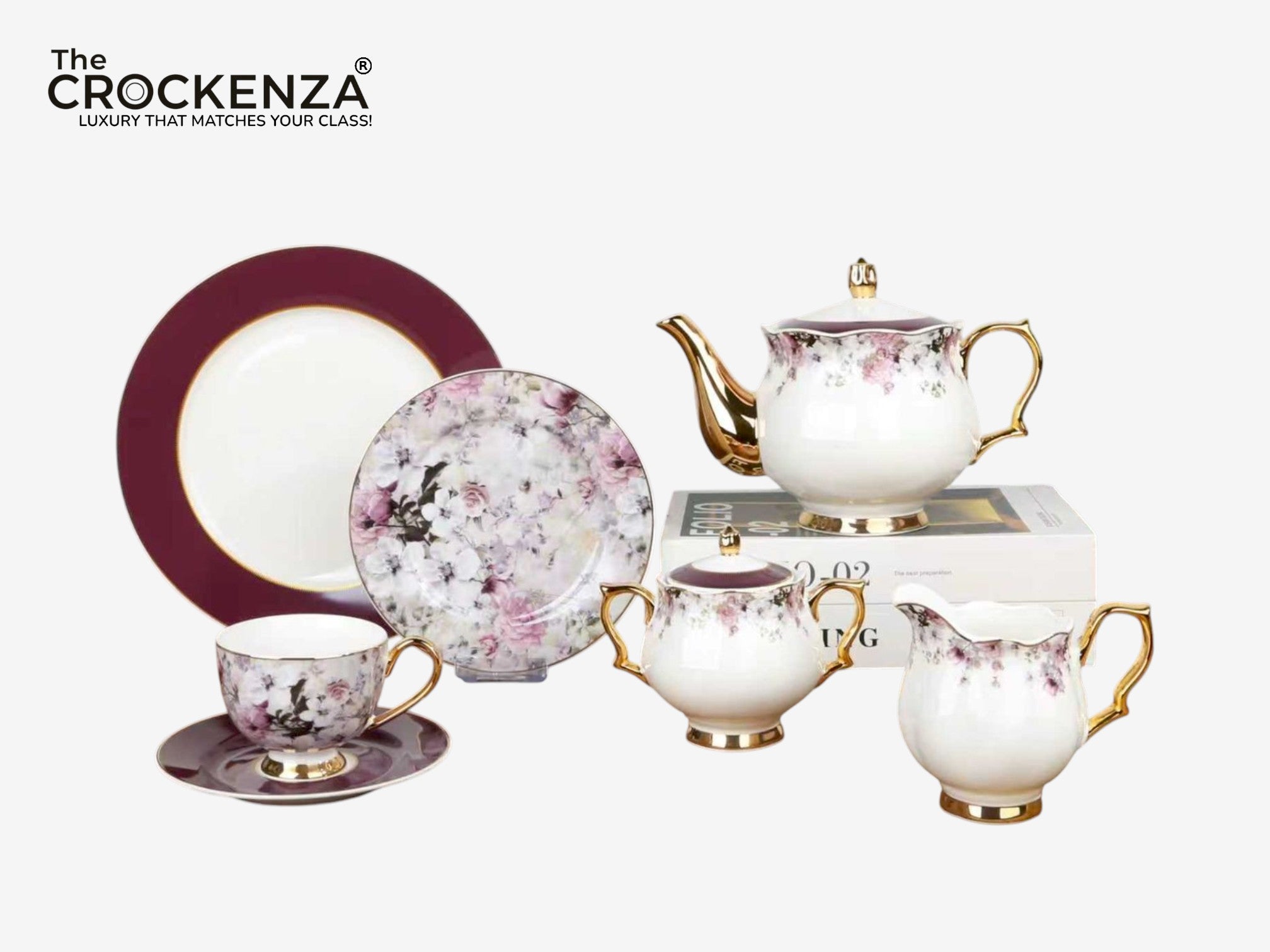 Johnson Bros Inspired 24-Piece Luxury Floral Tea Set – Maroon & Gold Premium Tea Service