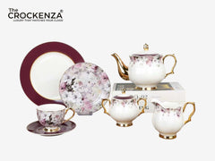 Johnson Bros Inspired 24-Piece Luxury Floral Tea Set – Maroon & Gold Premium Tea Service