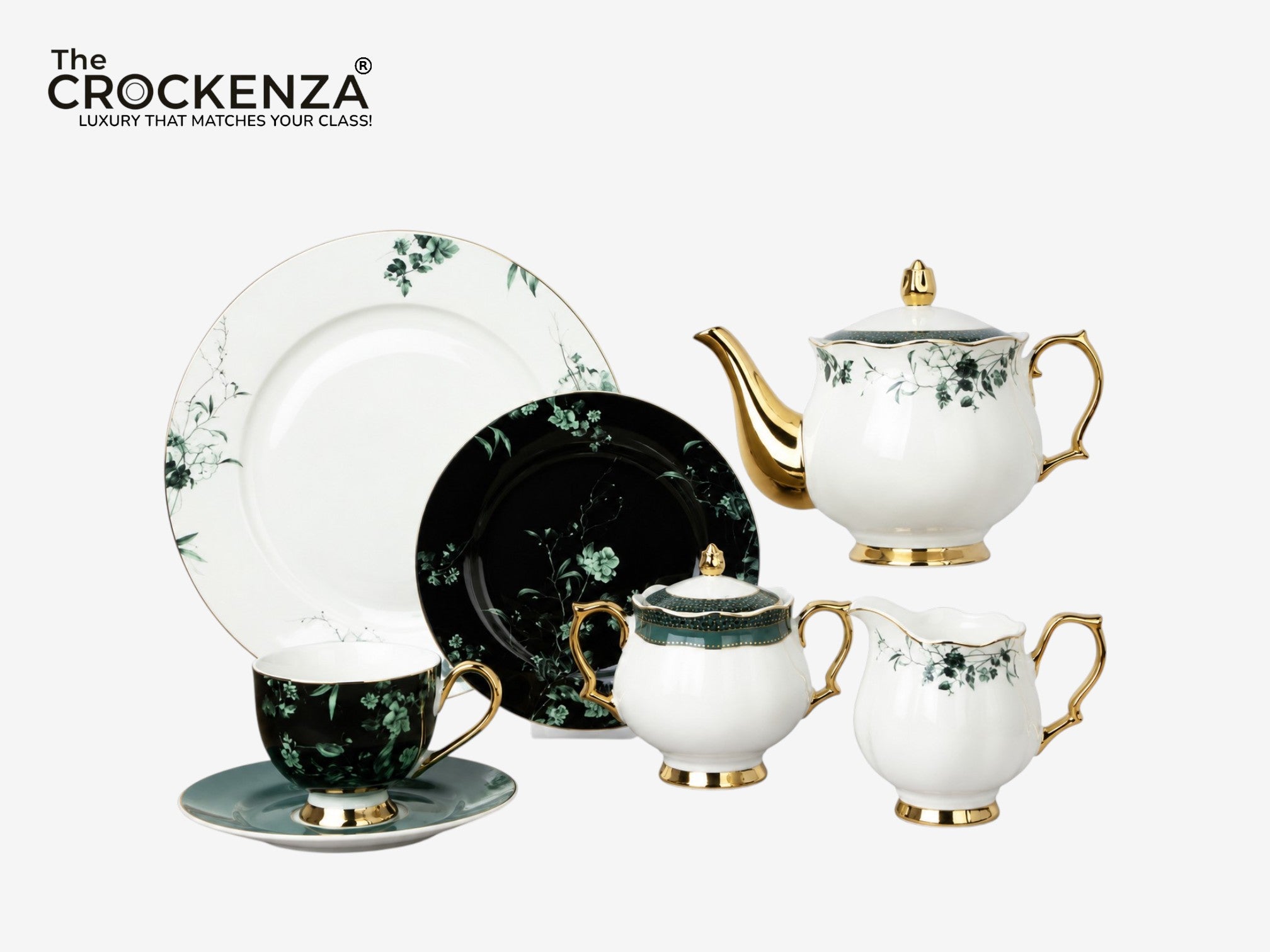 Johnson Bros Inspired 24-Piece Luxury Tea Set – Emerald Green Floral & Gold