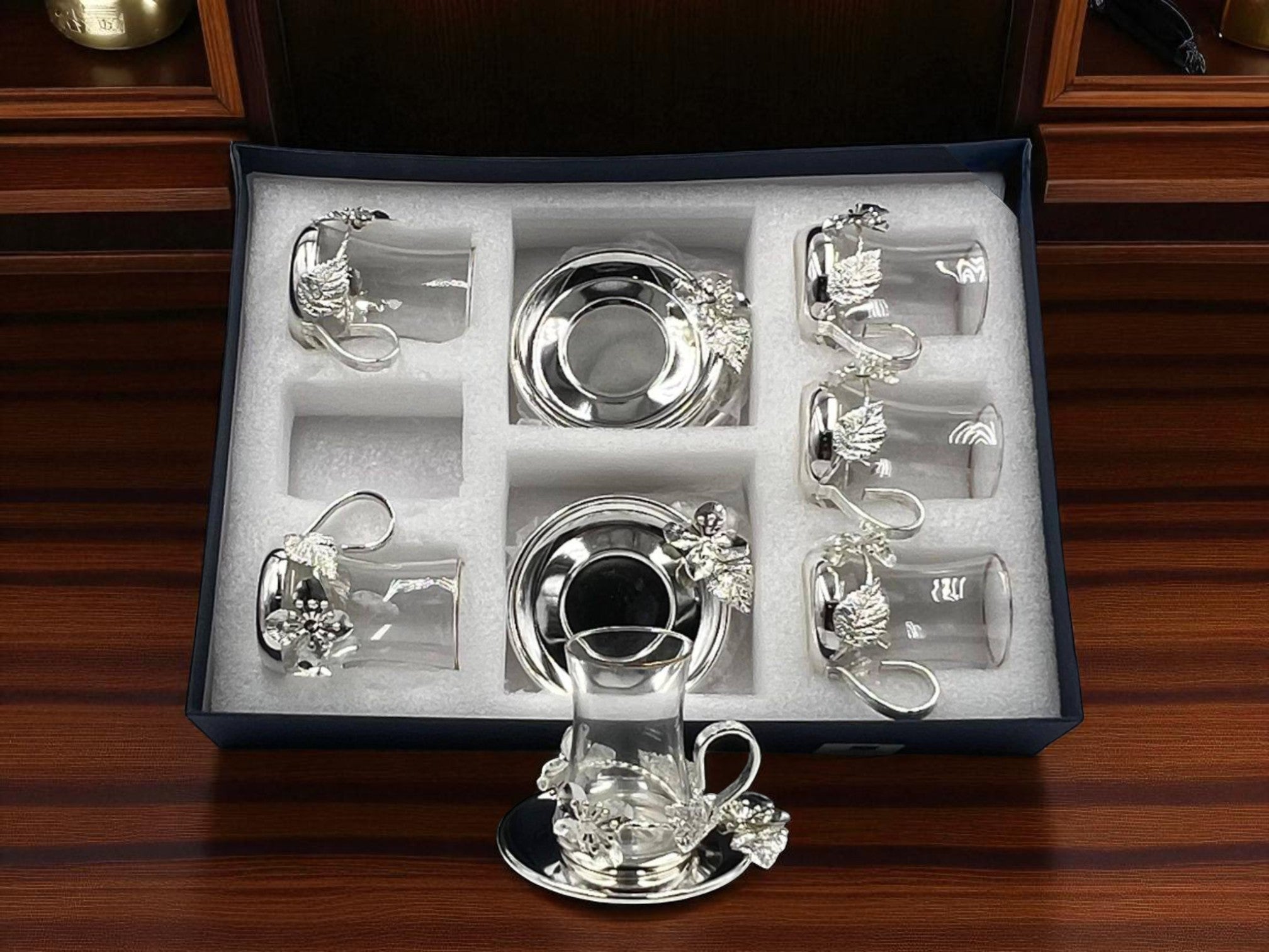 12-Piece Deluxe Silver Qahwa Cup Set – Elegant Arabic Coffee Glasses with Floral Detail