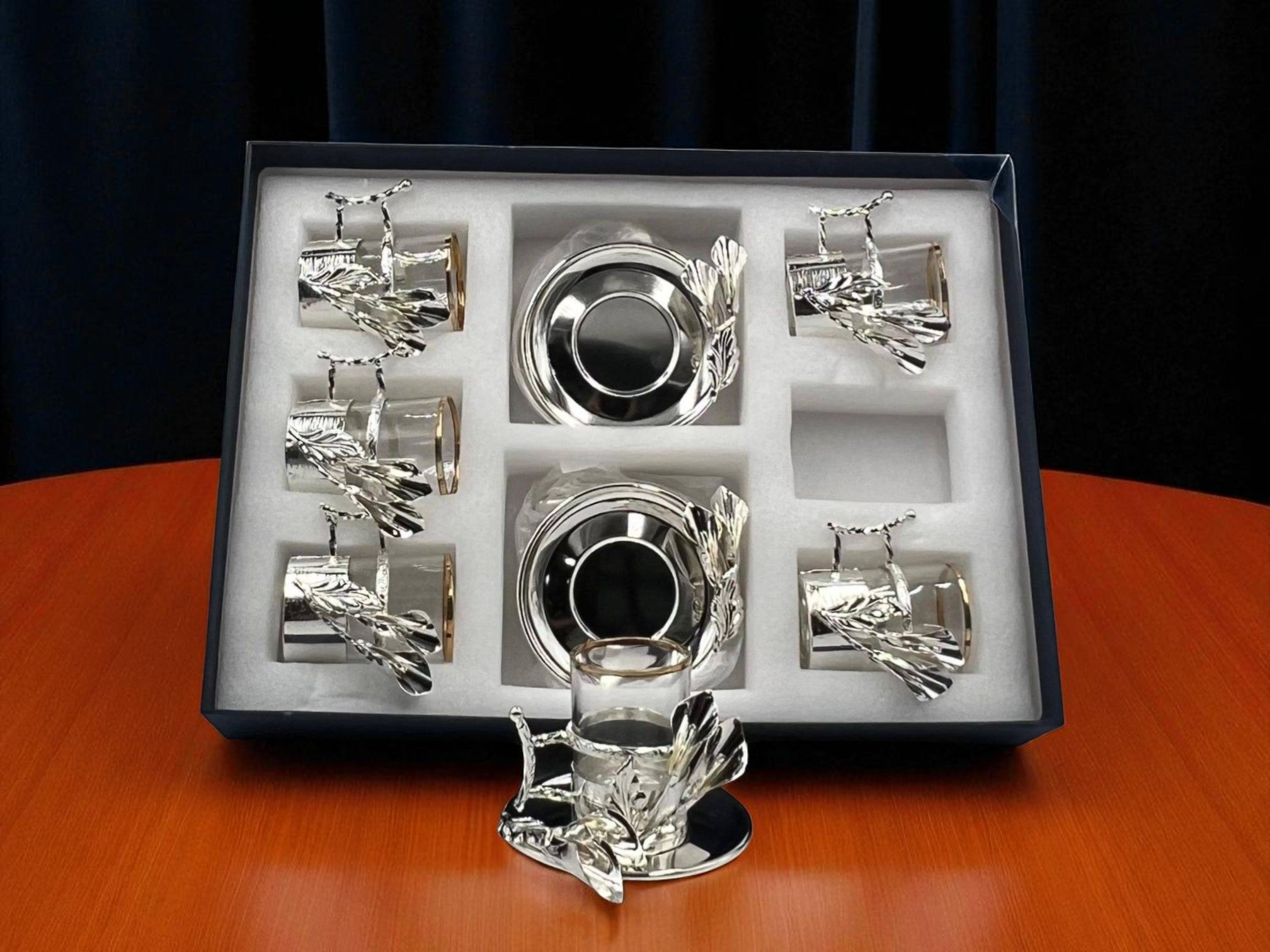 12-Piece Premium Silver Qahwa Glass shot Set – Elegant Arabic Coffee Cups with Leaf Handle Design