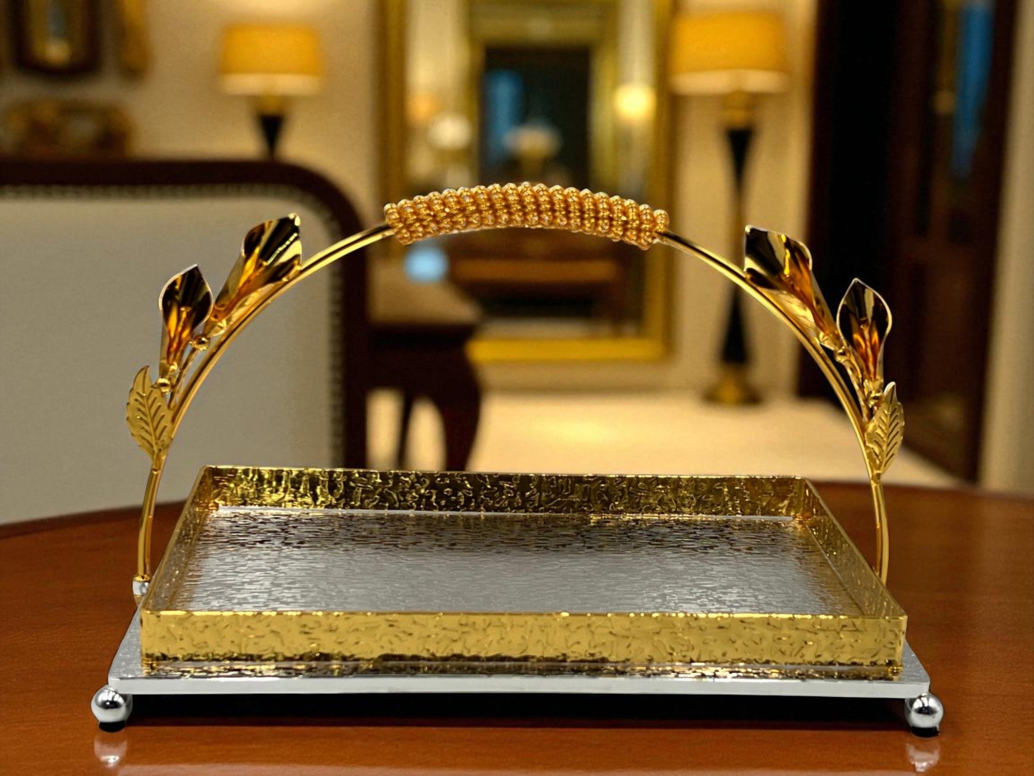 Luxury Gold Rectangular Serving Platter with Floral detailing – Elegant Tableware for Parties & Events