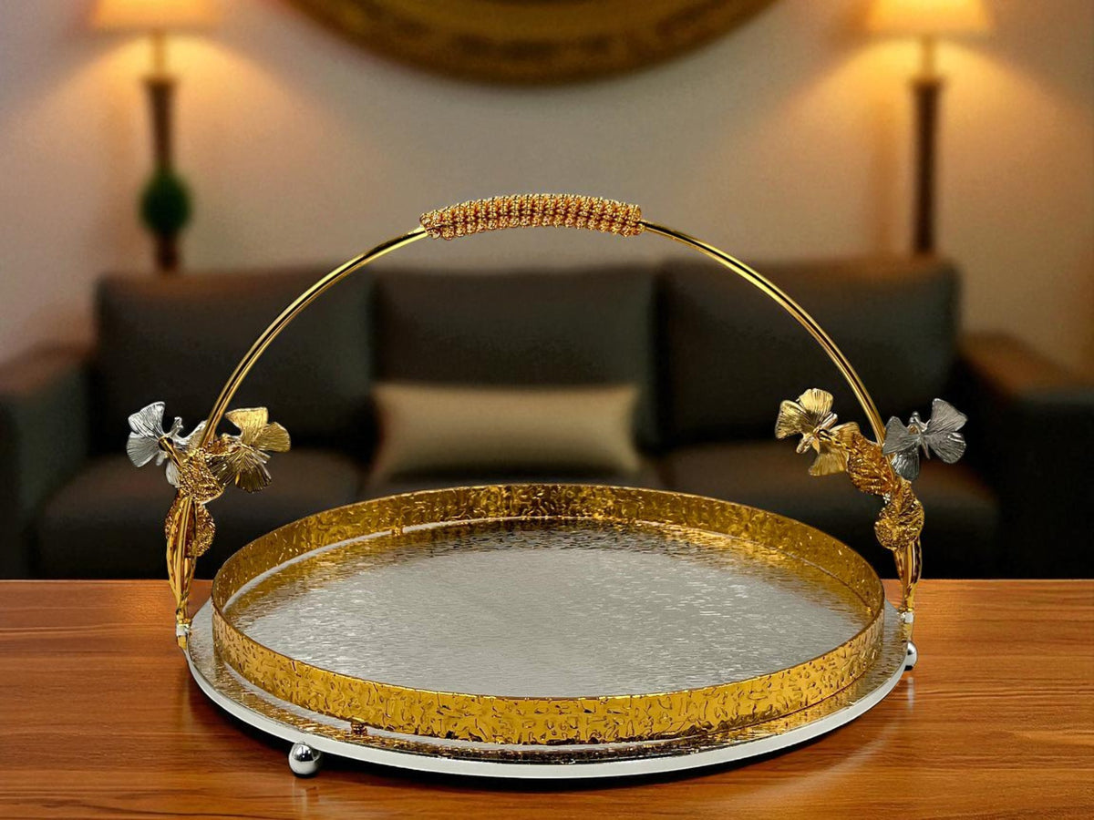 Elegant Oval Serving Platter with butterflies on handles – Decorative Gold Tableware