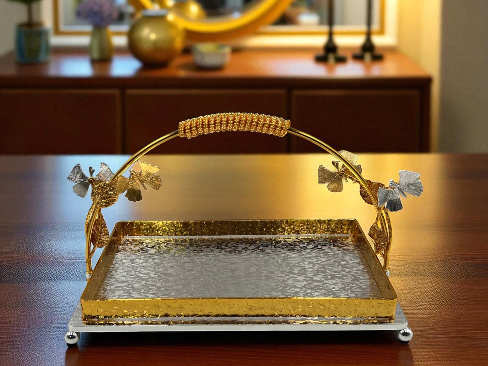 Luxury Gold Rectangular Serving Platter with butterflies on handle – Elegant Tableware for Parties & Events