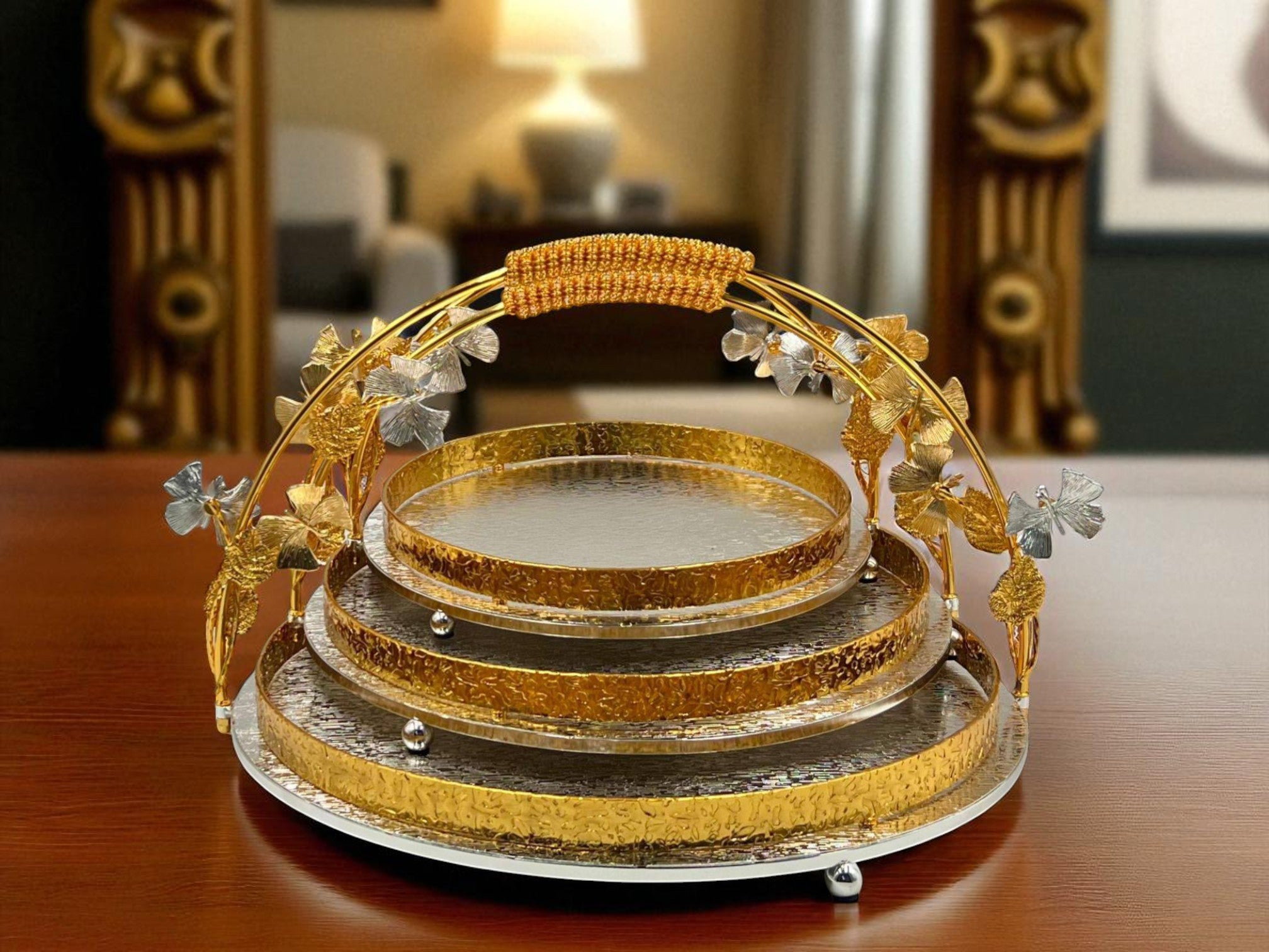 Elegant Oval Serving Platter with butterflies on handles – Decorative Gold Tableware