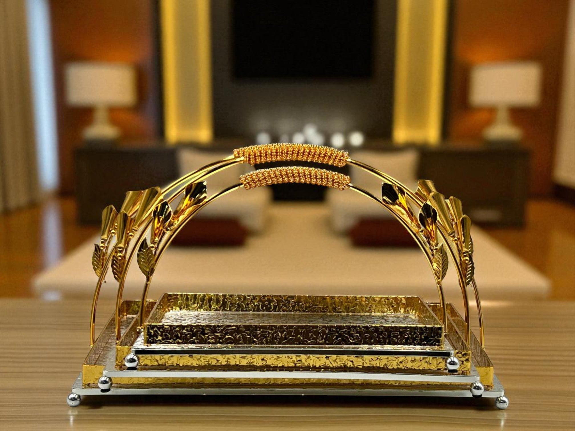 Luxury Gold Rectangular Serving Platter with Floral detailing – Elegant Tableware for Parties & Events