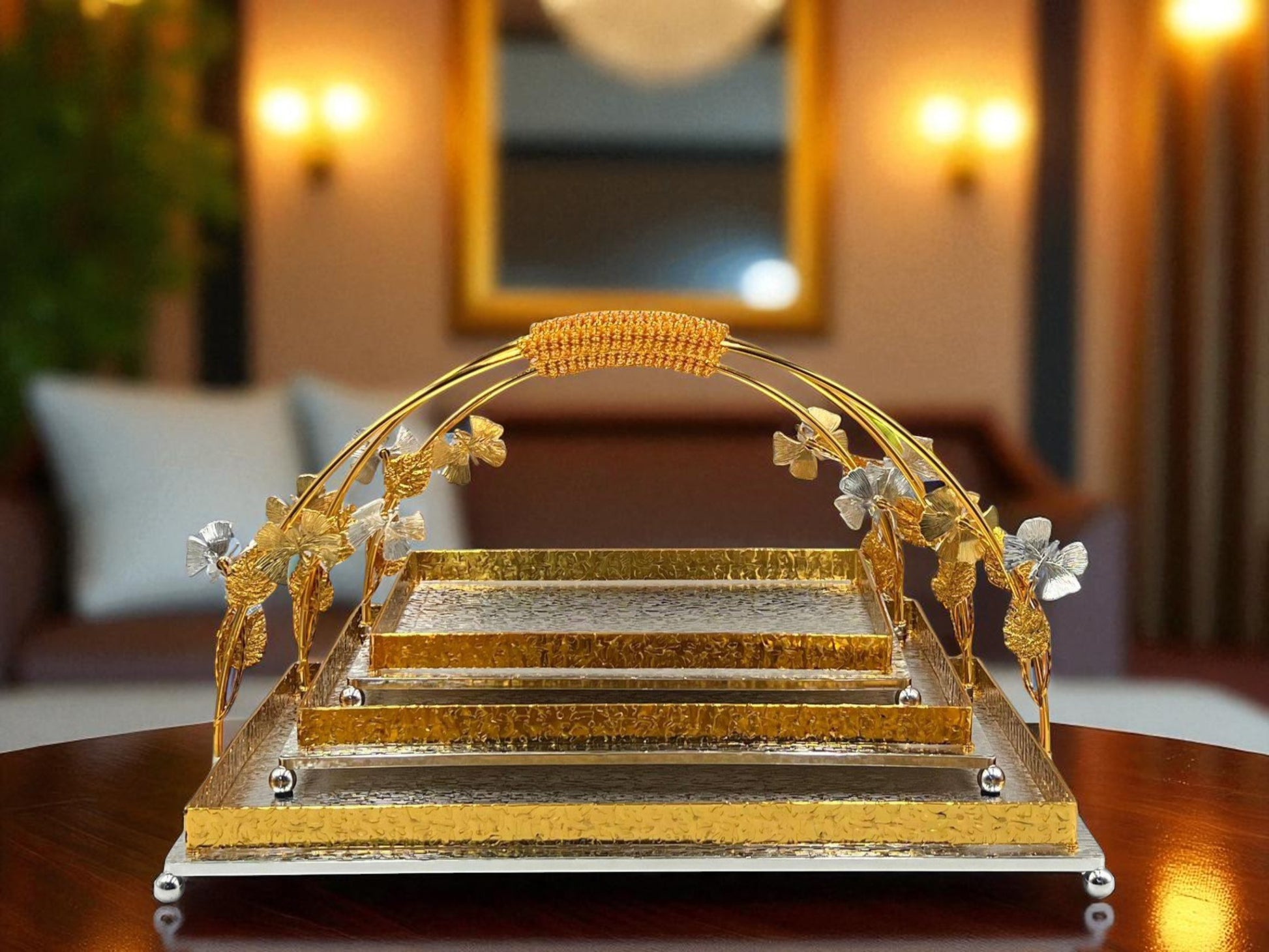 Luxury Gold Rectangular Serving Platter with butterflies on handle – Elegant Tableware for Parties & Events