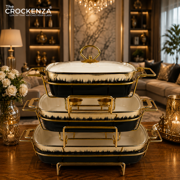 Regal Gold-Trimmed Chafing Dish – Premium Black Ceramic Rectangular Buffet Warmer Set