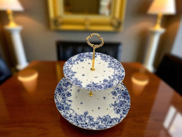 Royal Albert-Inspired 2-Tier Bone China Pastry Stand – Elegant Floral Design with Gold Handle