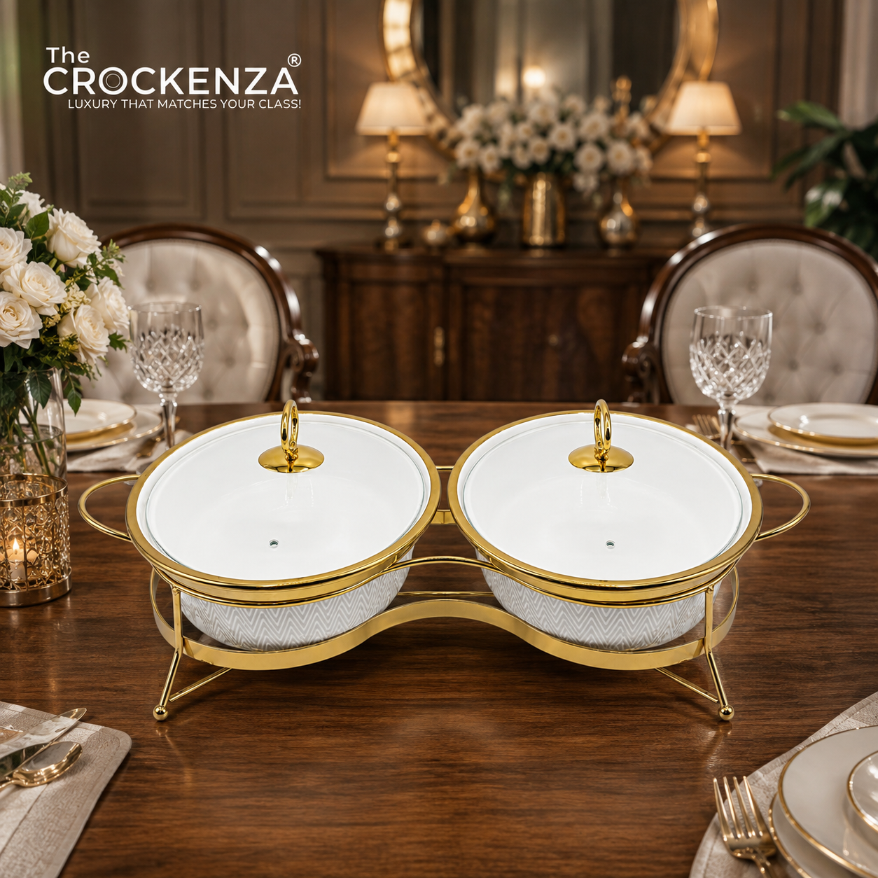 Twin Oval Porcelain Serving Dish Set with Gold Stand – 12" Double Buffet Server with Handles | Elegant textured Tabletop Food Warmer & Serving Bowl Set