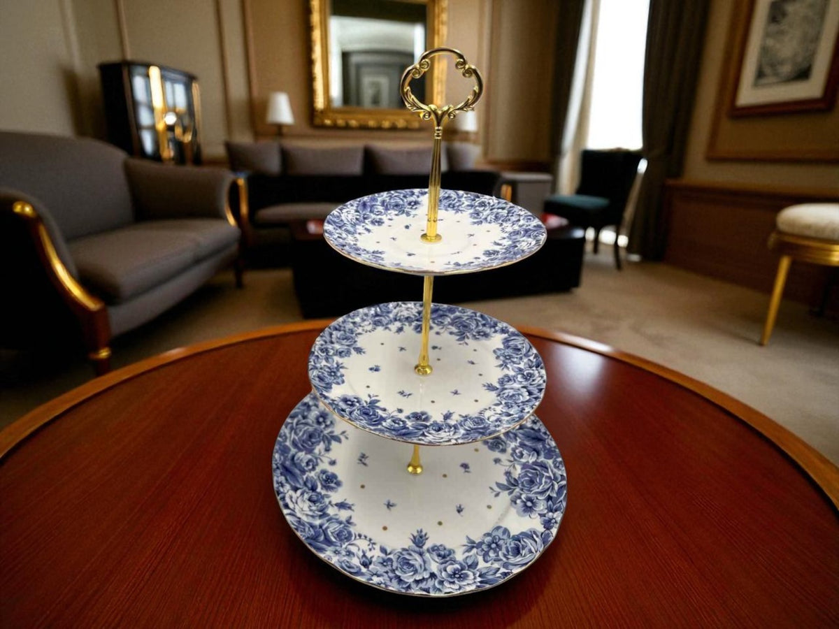 Royal Albert-Inspired 3-Tier Bone China Pastry Stand – Elegant Floral Design with Gold Handle