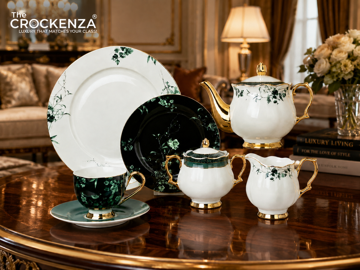 Johnson Bros Inspired 24-Piece Luxury Tea Set – Emerald Green Floral & Gold