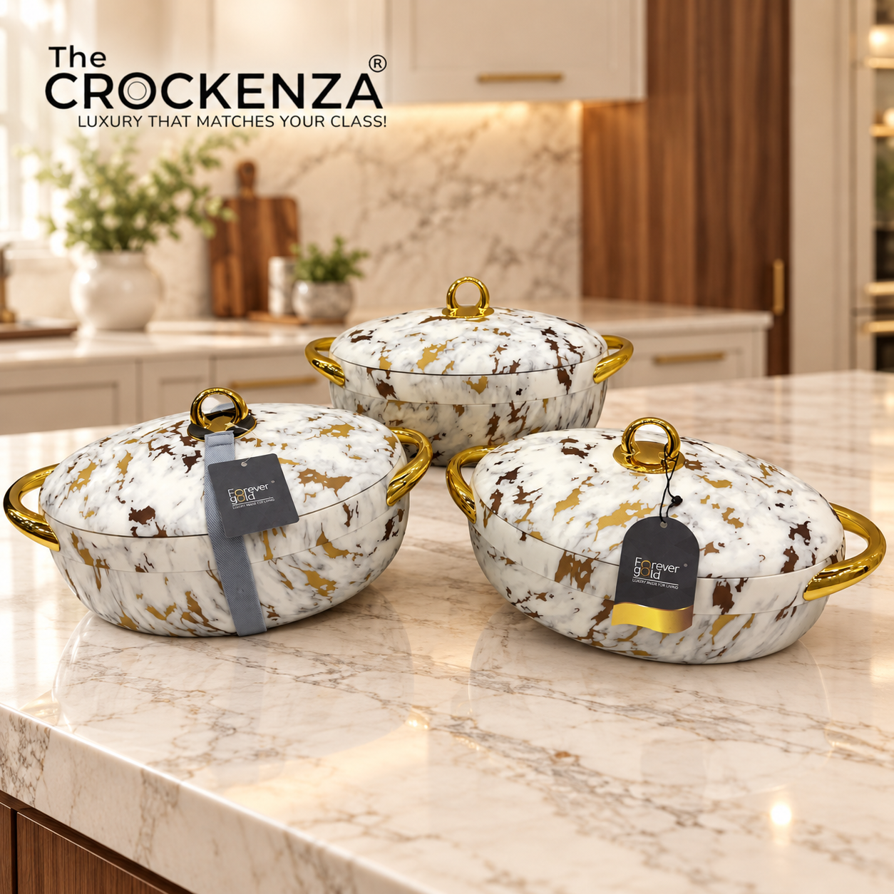 Premium Forever Gold White Mable Casseroles – Keep Food Fresh & Warm in Style (2/2.5/3Ltrs)