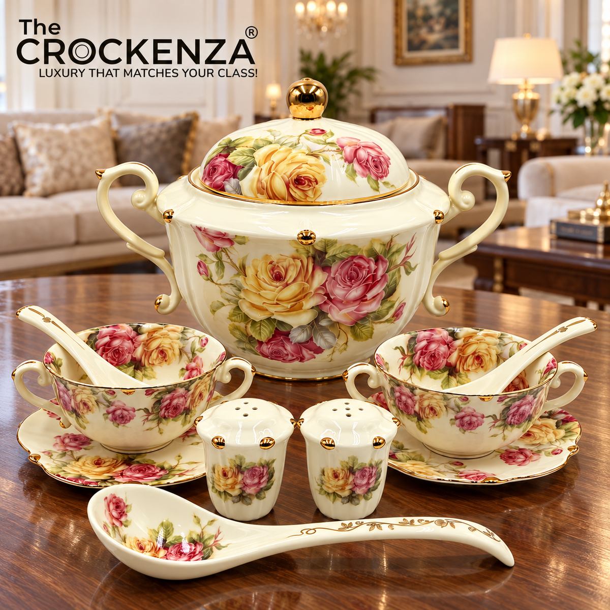 Imported Royal Albert Inspired 23-Piece Floral Soup Set with Gold Trim