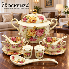 Imported Royal Albert Inspired 23-Piece Floral Soup Set with Gold Trim
