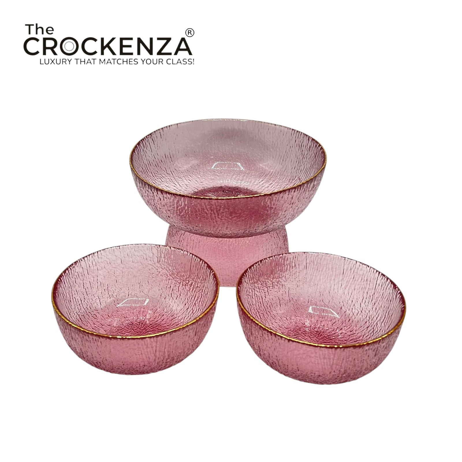 7-Piece Luxury Rose Pink Textured Glass Serving Bowl Set with Gold Rim – 1 Large & 6 Small Bowls