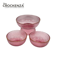7-Piece Luxury Rose Pink Textured Glass Serving Bowl Set with Gold Rim – 1 Large & 6 Small Bowls