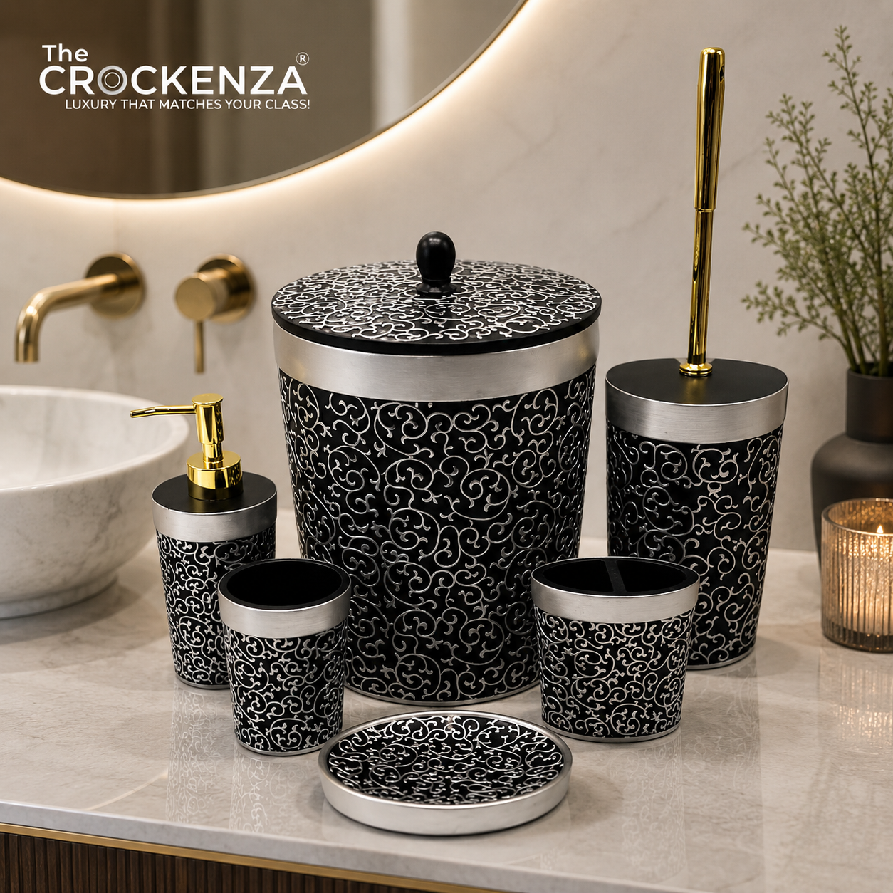 The Crockenza Imperial Black and Silver 6-Piece Bath Set | Luxury Fiber Bathroom Accessories