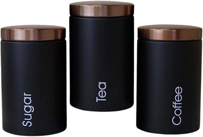 Metallic Canister Trio – Sugar, Tea & Coffee Black Jars with Rose Gold Airtight Lids