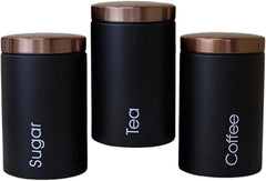 Metallic Canister Trio – Sugar, Tea & Coffee Black Jars with Rose Gold Airtight Lids
