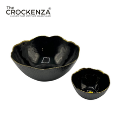7-Piece Luxury Black Textured Glass Serving Bowl Set with Gold Rim – 1 Large & 6 Small Bowls