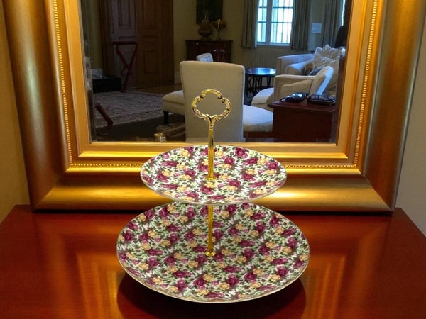 Royal Albert-Inspired 2-Tier Bone China Pastry Stand – Elegant Floral Design with Gold Handle