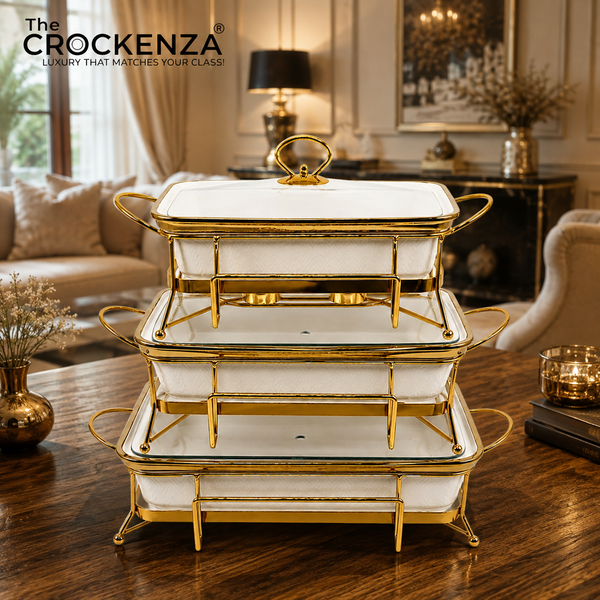 Luxe White & Gold Textured Porcelain Rectangular Chafing Dish – Set of 3 different sizes