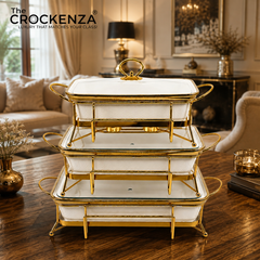 Luxe White & Gold Textured Porcelain Rectangular Chafing Dish – Set of 3 different sizes