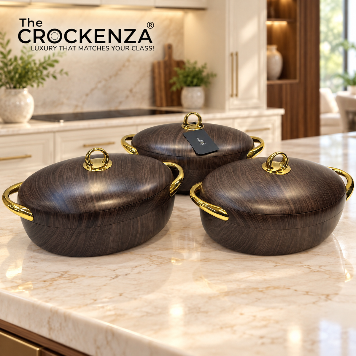 Imported Forever Gold Oval Hot Pot Set – Dark wooden textures - Set of 3 (2/2.5 & 3Litres)
