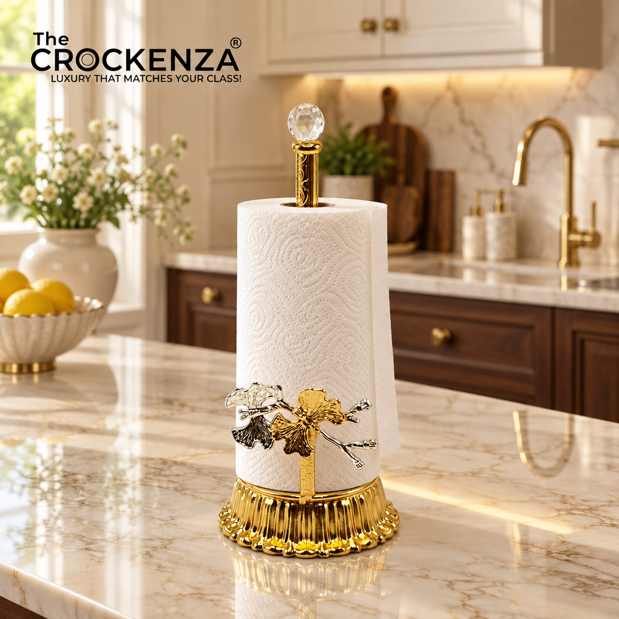 Luxury Gold Tissue Roll Holder Stand with Floral Details & Faceted Top
