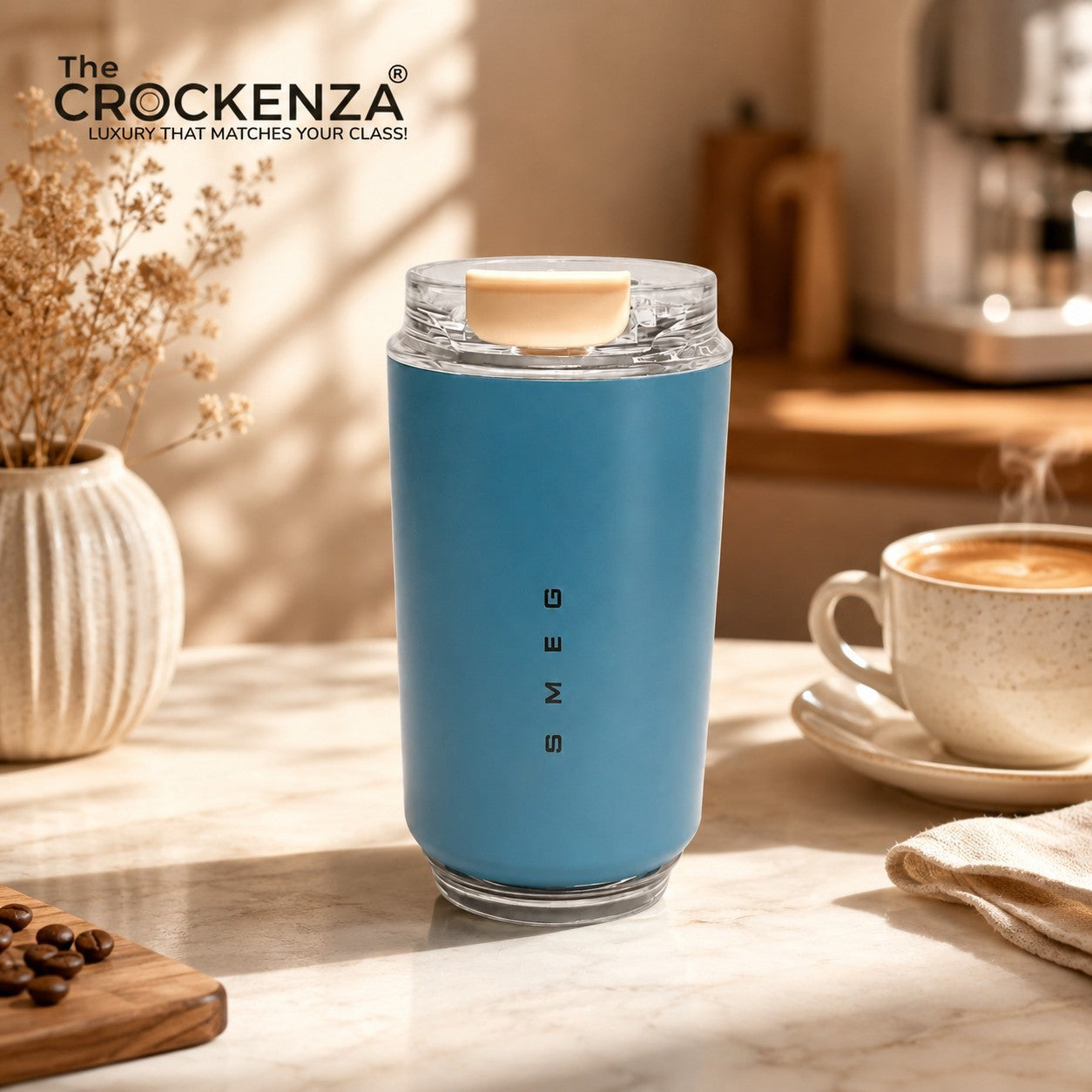 SMEG Style Premium Stainless Steel Travel Tumbler – Leak-Proof Coffee Cup with Clear Lid | Sky Blue 320ML