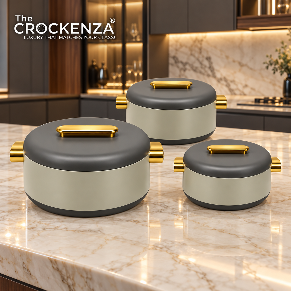 Imported Luxury Collection | Forever Gold 3Pcs Hotpot Set | Keep your food fresh & warm | Two-tone Grey Plain Round (1/2/3.5Ltr)