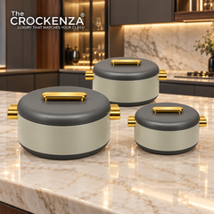 Imported Luxury Collection | Forever Gold 3Pcs Hotpot Set | Keep your food fresh & warm | Two-tone Grey Plain Round (1/2/3.5Ltr)