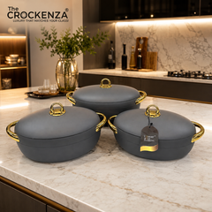 Imported Forever Gold Luxury Hot Pot Set – 3 Piece Insulated Casserole Set with Magnetic Airtight Lock (2L, 2.5L & 3L) | Grey & Gold