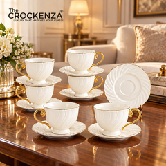 Imperial Thailand Inspired 12-Piece Cup & Saucer Set – White with Gold Accents